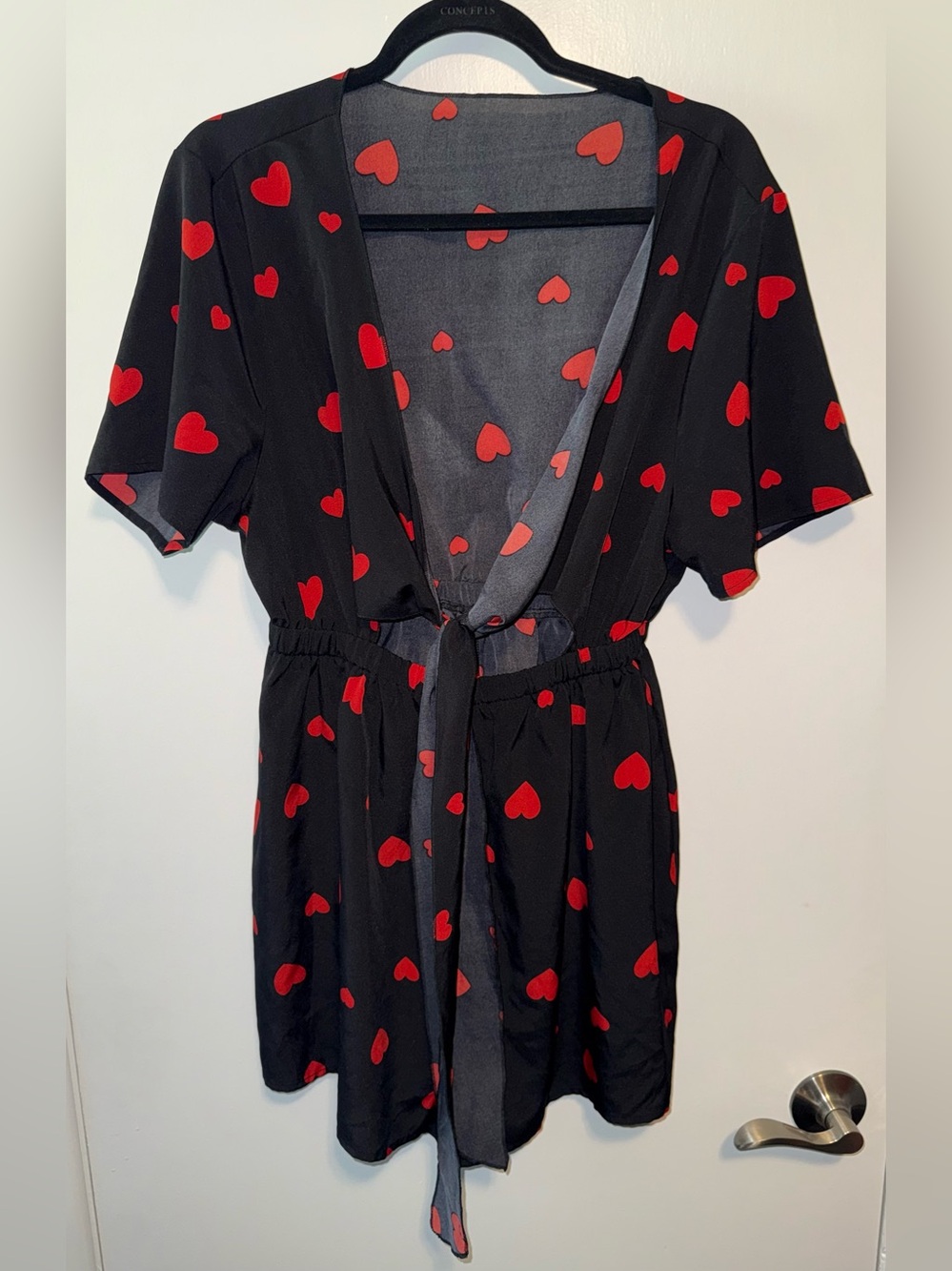 SHEINCurve Tie Front Black Romper with Red Heart Print